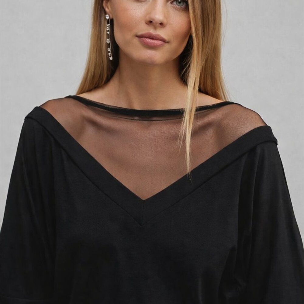 Sexy Sheer Mesh V-Neck Black Top | Italian Designer Style | Minimalist Boutique - Picture 5 of 5